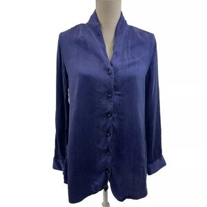 Soft Surroundings Purple Crushed Satin Button Top Medium Long Sleeve Notch Neck